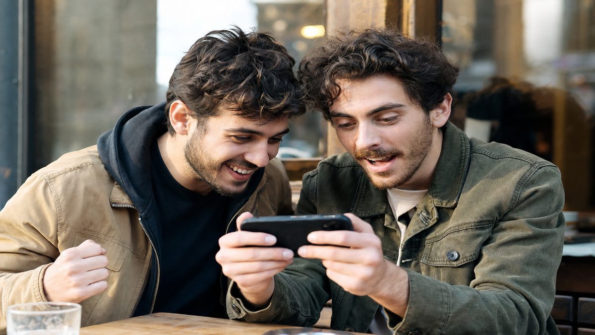 Deux amis suivent ensemble un live de rencontre sur un téléphone