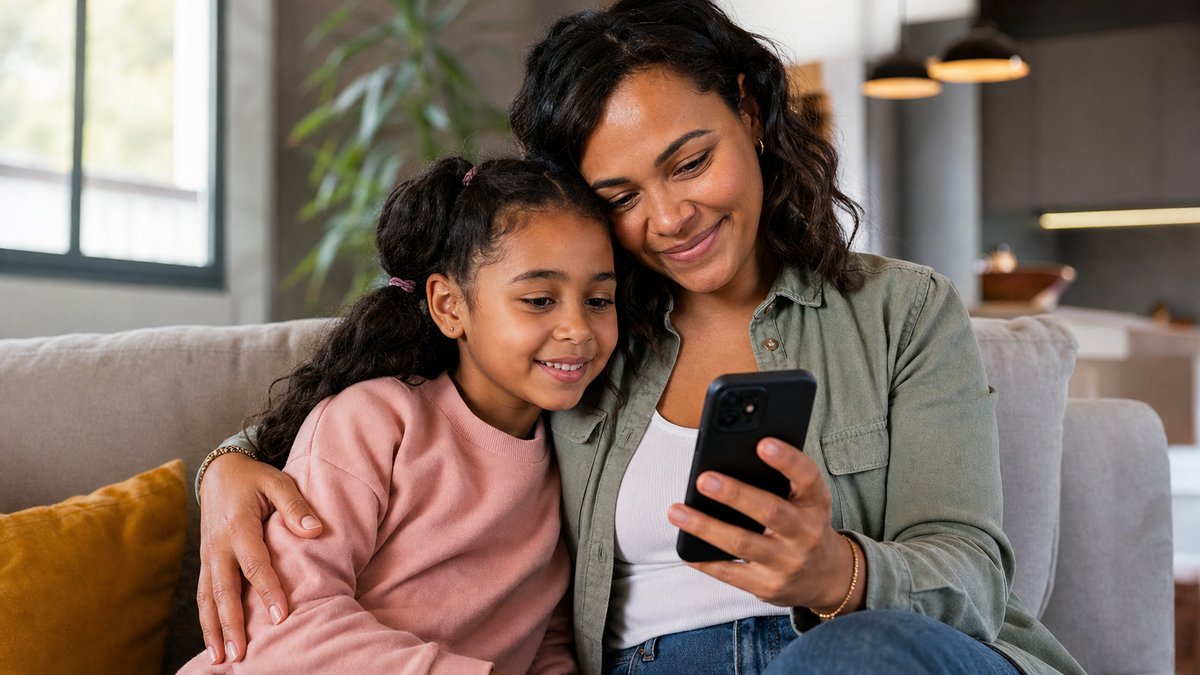 Une mère de famille métisse et sa fille de 8 ans suivent le match sur un téléphone, avec émotion