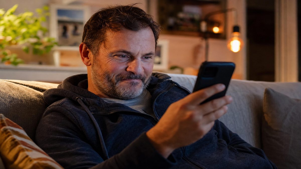 Un parent suit le match de son enfant sur son téléphone, depuis le salon
